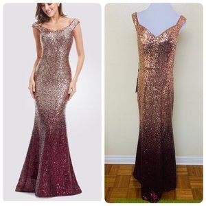 Ever-Pretty Double V-Neck Ombre Sequin Bodycon Mermaid Gown Sz 10 Rose Gold